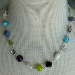 Multi Color And Shape Gemstone And Silver Necklace